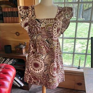 Faherty Brand Square-Neck Flutter Sleeve Mini Dress in Brown and Cream Floral